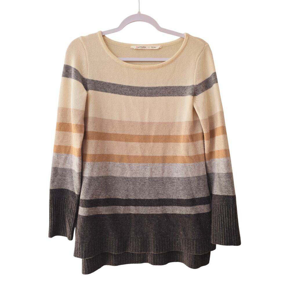 Athleta Cashmere Striped Soft Tan Grey Sweater Size Small S